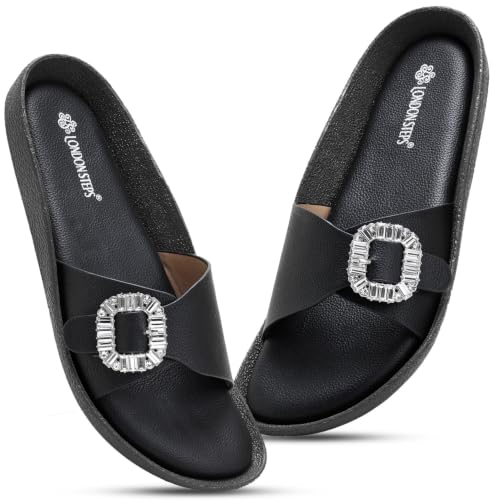 Image of Women Fashion Cross Strap Sliders with Crystal Buckle | Stylish Casual Slip-On Sandals for Women | Lightweight Comfort Slides Everyday Wear