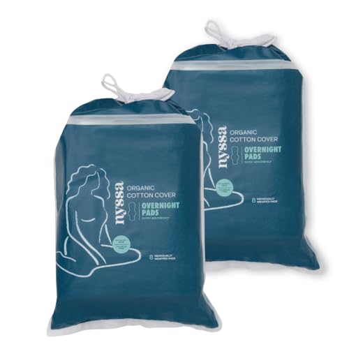 Image of Nyssa Organic Cotton Cover Overnight Pads, Super Absorbency - Extra Long Menstrual Pads with Wings, 15.5 Inch - Chlorine Free & Fragrance Free (2-Pack)