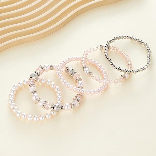 Noessla Beaded Pearl Stretch Bracelet Silver Stackable Crystal Beads Bracelets Trendy Costume Jewelry Mothers Day Gifts for Women2