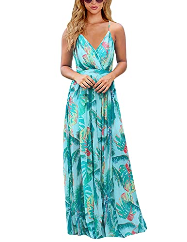 JENJON Women's Dress Summer Maxi Print Floral V-Neck Causal Boho High Waist Long Spaghetti Strap Dress Blue-2 XL