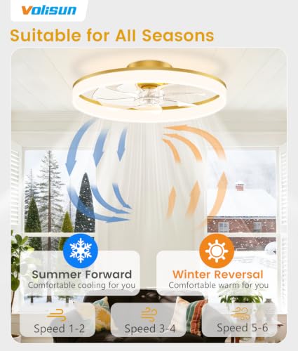 Image of VOLISUN Low Profile Ceiling Fans with Lights and Remote, 24in Fandelier Ceiling Fan Flush Mount, 3000K-6500K Smart Bladeless LED Fan Light, Gold Modern Ceiling Fans with Lights for Bedroom