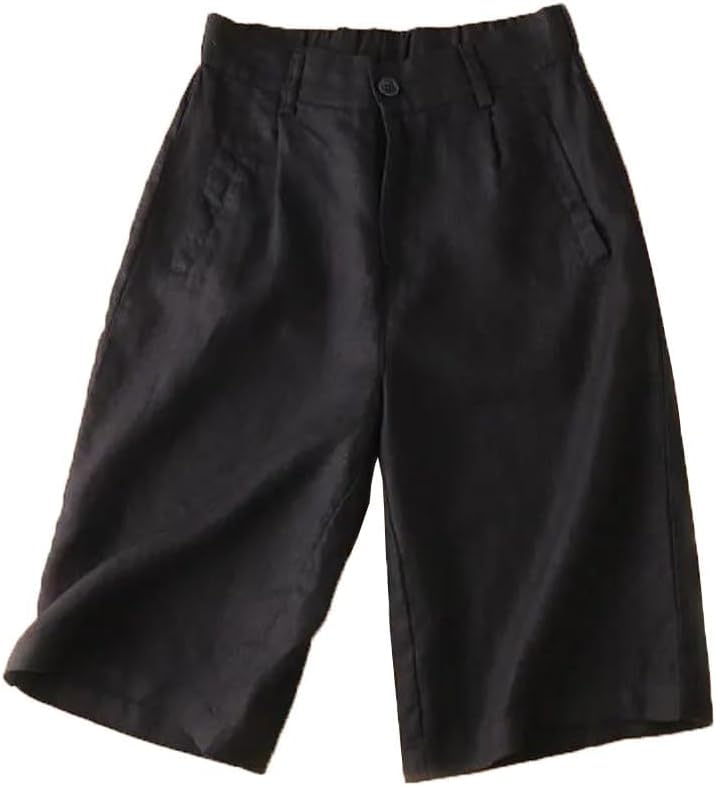 Kinghua Linen Shorts for Women Pleated Wide Leg Elastic High Waisted Casual Summer Bermuda Shorts with Pockets