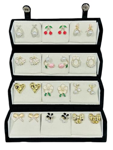 Image of Gold Plated Korean Stud Earrings Set of 12 with Folding Jewelry Box | Western & Modern Earring Gift Box for Women & Girls.