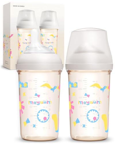 Moyuum MOV.aa Premium PPSU Wide Neck Anti-Colic Baby Bottle | Made in Korea, Microplastic & BPA-Free, Breastfeed Transition, Natural Fit Nipples for Newborns & All Stages - 8 oz (2 Pack, White)