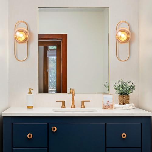 Image of Bektas Gold Wall Lamp Sconces Set of 2 with Amber Globe Glass Shade - Wall Lights for Living Room & Bedrooms ETL Listed