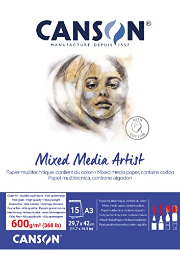 Canson Mix Media Artist Block, A3, 15 Blatt, 10% fein, 600 g