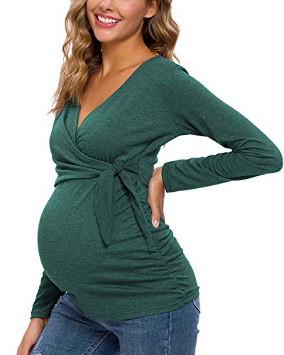 Love2Mi Women's Nursing Shirt Short Sleeve Maternity Shirt V-Neck Pregnant Nursing Tops, Dark Green-Long, L Love2Mi Women's Nursing Shirt Short Sleeve Maternity Shirt V-Neck Pregnant Nursing Tops, Dark Green-Long, L