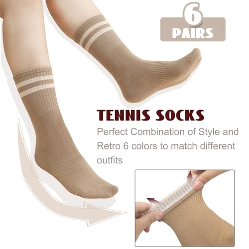 Jspupifip 6 Pairs Striped Crew Socks for Women, Cute Casual Cotton Retro Athletic Tube Sock for Running Tennis Sport Office Home School3