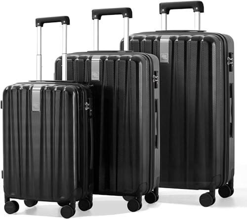 Image of Hanke Luggage Sets 3 piece Carry On Luggage with Wheels PC Hard Shell Suitcases Lightweight Checked Travel Luggage Large Travel Suitcase Woman Men 20 /24 /29 Inch(Jet Black)