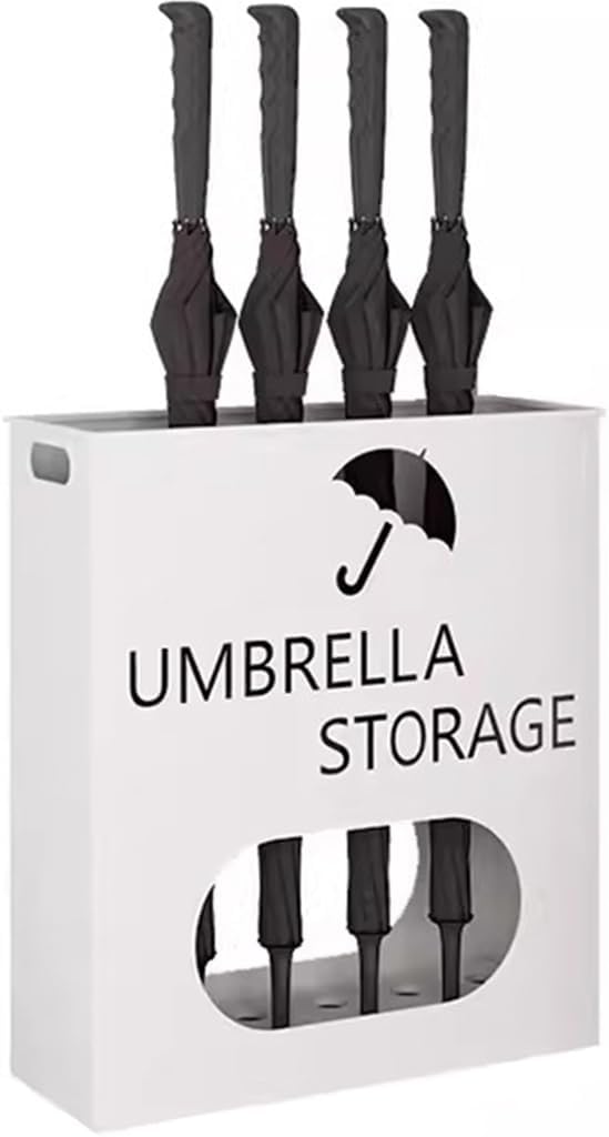 Umbrella Holder Decorative Hollow Design Large Capacity Split Hole Umbrella Stand for Entryway Mall with Curved Handle and Detachable Drain Tray White (41 * 13 * 36cm)