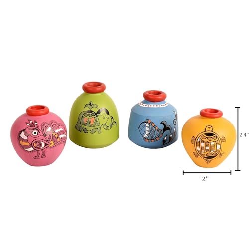 Image of Aakriti Art Creations Ladder Wall Decor 4 Colored Handcrafted Madhubani Pots | Wooden Shelves Hanging with Terracotta Vases | Matte Finish Decorative Wall Art for Living Room, Entryway & Gifting