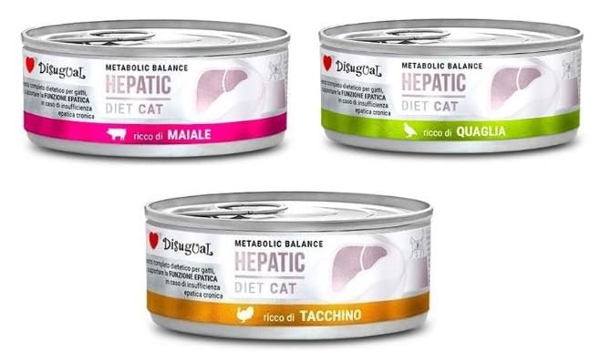 Disugual Dieta Gato Hepático | Necesidades Nutricionales Especiales | Varios Sabores y Mezclas | (18x85Gr, 6X Codorniz 6X Pavo 6X Cerdo)
