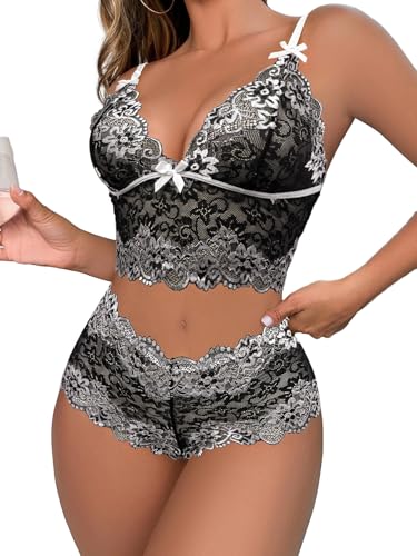 Image of Lilosy Sexy Lingerie for Women Lace Pajamas Set Cami Bra and Panty High Waist Sheer Sleepwear 2 Piece 2XS-6XL