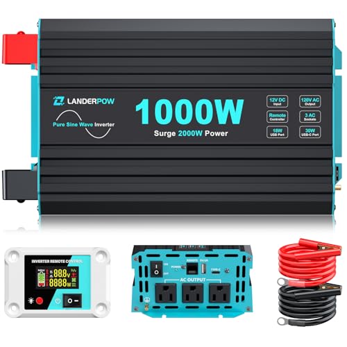 Image of LANDERPOW 1000 Watt Pure Sine Wave Inverter, Power Inverter for Car, Camping, Solar, RV, Truck, Home, 12V DC to 120V AC Inverters with 3 AC Outlet, 30W USB-C, 5V 3.1A USB, Remote Control, Surge 2000W