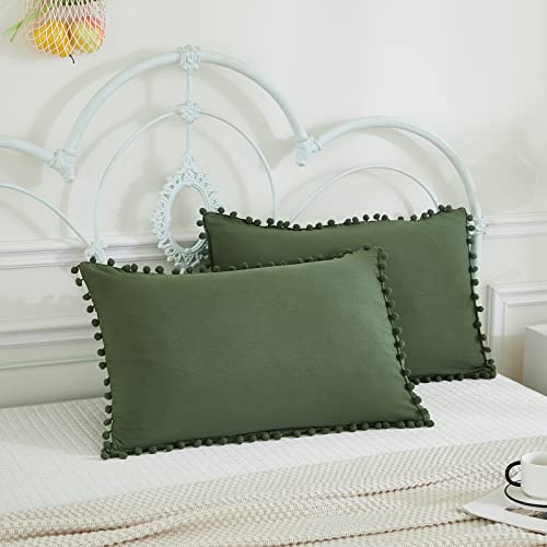 Dark Green Pom Poms Pillowcases King, Green Pillowcases Set of