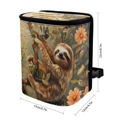 Image of Talayituse Sloth Butterfly Flower Print Car Trash Can with Adjustable Straps, Foldable Car Trash Bag Bin Car Garbage Bag Multipurpose Storage Box for Vehicle Travel Camping Picnicing