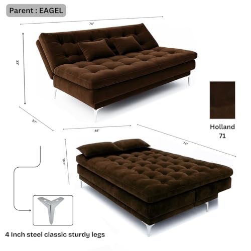 Image of FURNY Eagel 3 Seater Fabric Sofa Cum Bed with 2 Cushions (Brown) with Velvet Fabric | Durable with Comfort | Perfect for Living Room, Bedrooms, Offices
