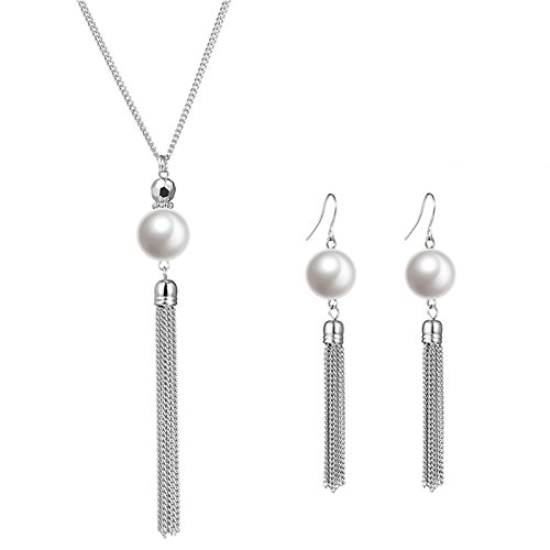 Long Tassel Pearl Jewelry Set - Beaded Dangle Necklace Earrings Fashion Jewelry with Silver Chain, Gifts for Women Girls (White Necklace+Earrings)