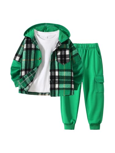 Image of 2Pcs Kids Boys Flannel Plaid Shirt Tops Pants Set Hoodie Sweatsuit for Fall Winter Spring Outfits 4-12 Years