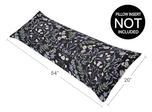 Image of Sweet Jojo Designs Black Purple Boho Wildflower Vintage Floral Girl Body Pillow Cover Case Decorative Accent Long Couch Bed Pregnancy Pillowcase 54x20 Lavender Bohemian Farmhouse Botanical Cottagecore