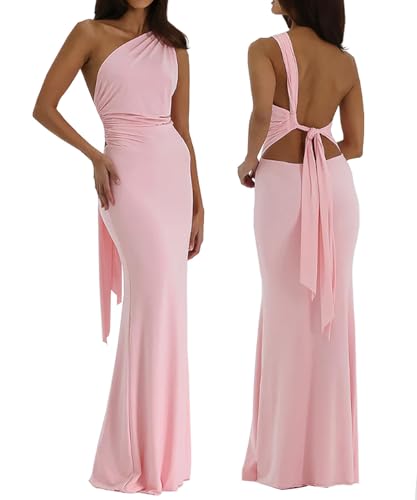 HUROGON Women's One Shoulder Summer Dress Sexy Backless Ruched Formal Maxi Dress Bodycon Wedding Guest Long Dresses Party Evening Gown(Pink,M)