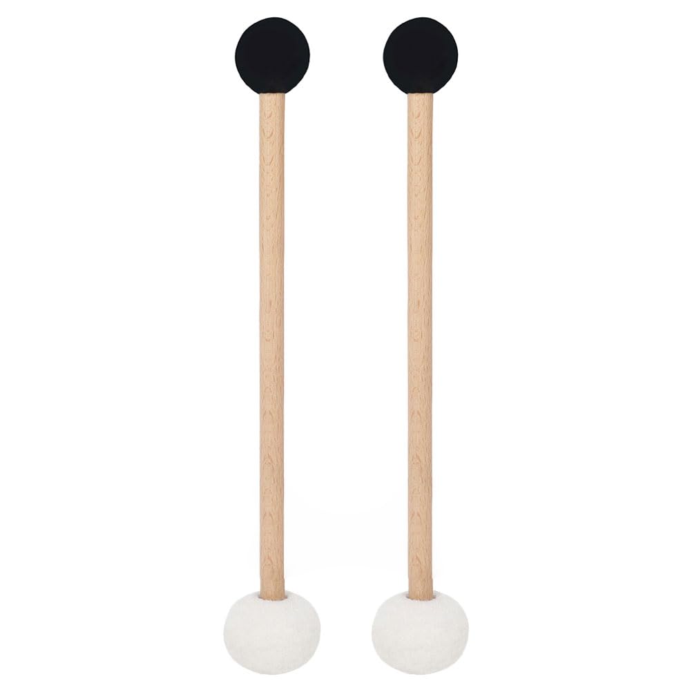 Toddmomy 2Pcs Double-Ended Felt Rubber Drum Mallet with Wood Handle Versatile Percussion Stick for Bass Drum Timpani and Meditation Music