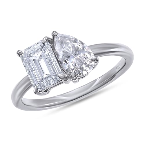 Toi Et Moi 2-Stone Engagement Wedding Ring 7X5MM Emerald Shape & 8X5MM Pear Cut Lab Created Moissanite In 14K White Gold Plated Sterling Silver Jewelry Gift For Her (VVS1/1.75 Cttw) Ring Size-5