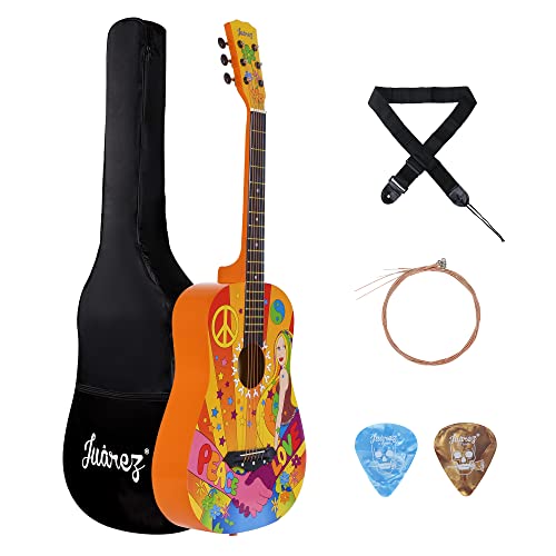 Image of Juarez Retro Acoustic Guitar, 38 Inch Cutaway, Hippie Peace Design, With Bag, Picks, Strap & Extra String Set - Basswood