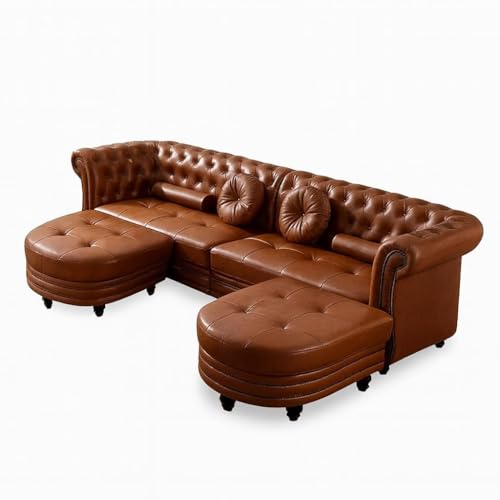 Image of Classic Leatherette Chester Sofa Set Button Tufted, Classic Style Sofa Set 3-Person Sofa for Living Room, Office, and Hallway Colour (Brown, 2+2=4 Seater Sofa+2 Ottoman)