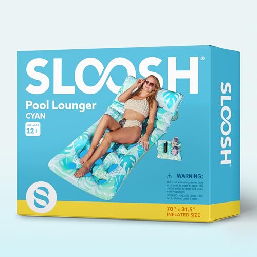 Miniatura 7 de Sloosh Flotador Inflable Para Piscina Para Adultos, Flotador Diseño De Hojas Tropicales, Silla Flotante Con Respaldo Ajustable, Portavasos, Flotador Para Tomar El Sol En La Piscina, Playa O Lago, Cian