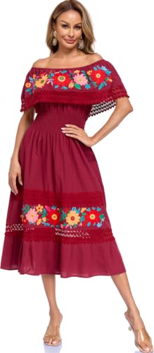Image of YZXDORWJ Women Embroidered Mexican Peasant Casual Sexy Lace Off-Shoulder Long Dress