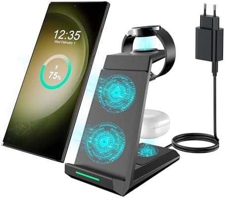 3 in 1 Ladegerät für Samsung, ADADPU Induktive Ladestation mit 20W Adapter | Wireless Charger für Samsung S26/S25/S24/S23/Z Fold, Ladestation Mehrere Geräte für Galaxy Watch Ultra/
