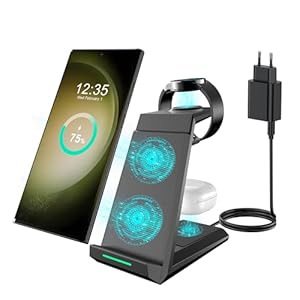 Induktive Ladestation für Samsung，ADADPU Kabelloses Ladegerät 3 in 1 Kompatibel für Galaxy Watch 8/7/6/5/5 Pro/4/3/Active 2，Wireless Charger für Samsung S25 S24 S23 S22 Ultra S21 Note 20 Galaxy Buds