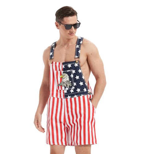 MRNYQBM American Flag Overalls Denim Bib Shorts for Men And Women 4Th of July Denim Shortalls Adjustable Jean Jumpsuit Shorts, Eagle Embroidery, 4XL
