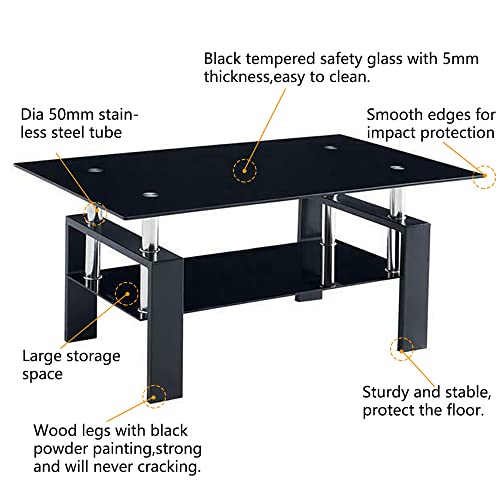 Rectangle Glass Coffee Table, Modern Living Room Black Glass Coffee Table With Lower Storage Shelf Wooden Legs End Table 2-Tier Tea Side Table For Home Office Wait Area (Black) #TOP2