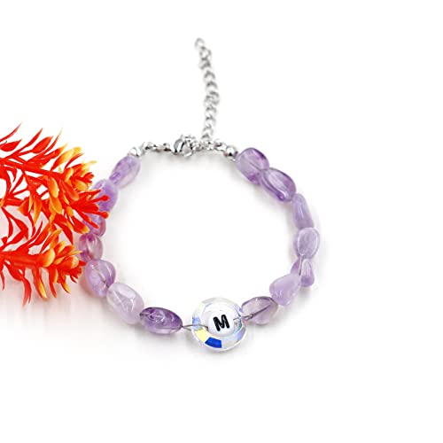 Image of Uloveido Purple Natural Stone and Austrian Crystal Letter Bracelet, Personalized Initial Jewelry for Women A-Z 26 Letters