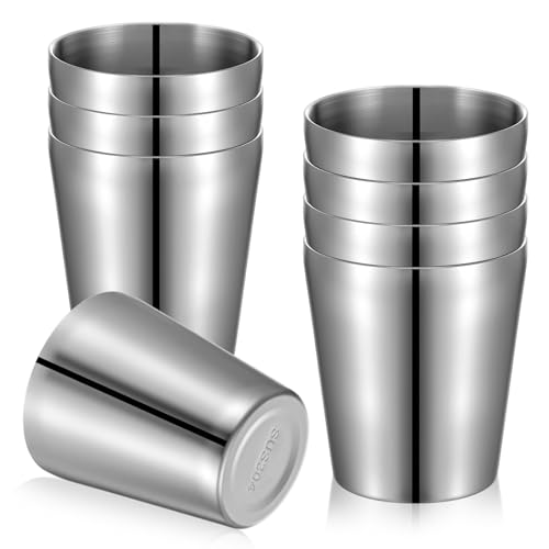 XLIUAX 8 Pack 10 oz Stainless Steel Insulated Cups, Double Wall Vacuum Metal Tumbler Stackable Camping Drinking Water Glasses Unbreakable Reusable Mugs for Travel Indoor Outdoor Party Supplies(Silver)