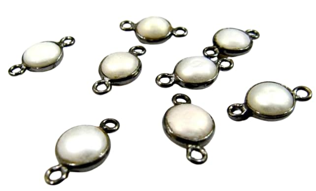 5 Pcs Set- Natural Pearl Coin Shape 8 mm Connectors, Black Plated Double Loop Bezel,Pearl Jewelry Round Shape Cabochon-image-2