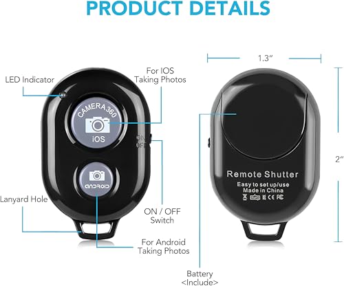 Image of skysia Bluetooth Remote for Mobile Wireless Camera Shutter Button | Photo Clicker Remote for Selfie Stick, Tripod & Vlogging | Compatible with iPhone, Android Smartphones & Tablets, Black (Pack of 2)