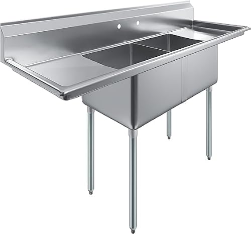 72" Two Compartment Stainless Steel Commercial Kitchen Sink with Left & Right Drainboards | NSF Certified | Prep & Utility Wash Station