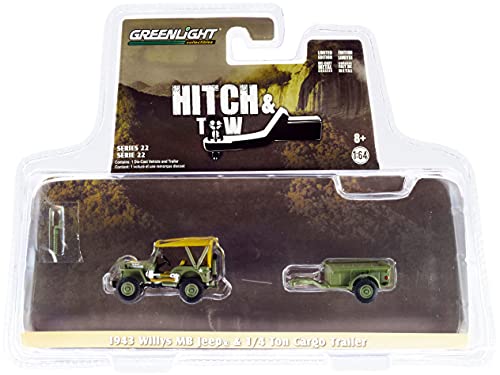 1943 Willys MB Army Green with Brown Top and 1/4 Ton Cargo Trailer Army Green Hitch & Tow Series 22 1/64 Diecast Model Car by Greenlight 32220 A