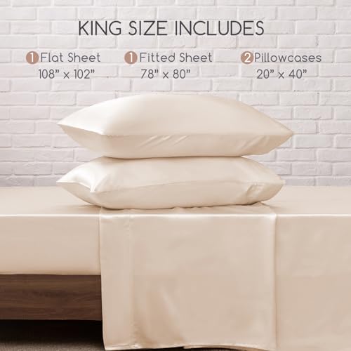 Image of MR&HM Satin Bed Sheets, King Size Sheets Set, 4 Pcs Silky Bedding Set with 15 Inches Deep Pocket for Mattress (King, Beige)