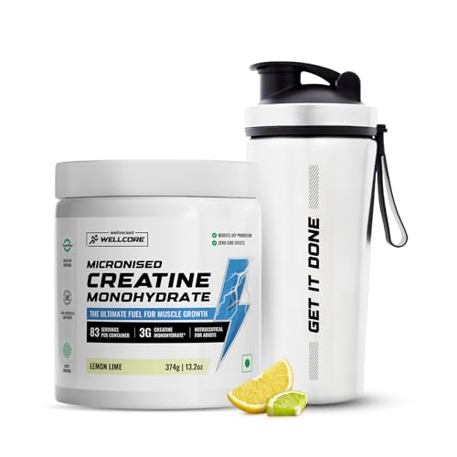 Image of Wellcore Pure Micronised Creatine Powder With Shaker (83 Servings, Lemon Lime) For Enhanced Muscle Strength With Rapid Absorption | Creatine Monohydrate | Wellcore Creatine Flavoured - 374g