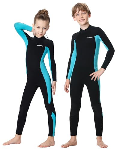 Lansru Combinaison en néoprène CR 3 mm, pour enfants 6-15 ans, protection UV, fermeture éclair dos, maillot de bain thermique eau froide
