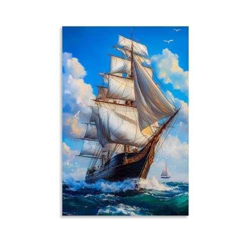 Poster vintage de peinture à l'huile sur toile représentant un bateau à voile, 50 x 75 cm