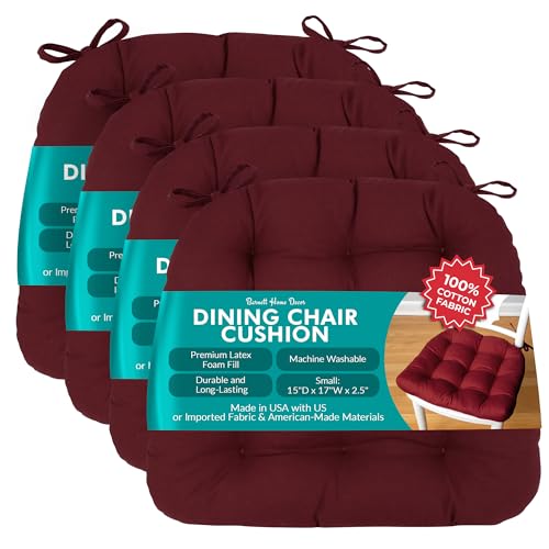 Barnett Home Decor Chair Cushions for Dining Chairs - 15x17 Kitchen Chair Cushions - Machine Washable, 100% Cotton, Made in USA - Latex Foam Comfort Chair Pads - Cotton Duck Wine Red Small Pack of 4