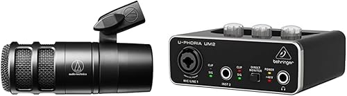 Audio-Technica AT2040 Micrófono de podcast dinámico hipercardioide (a 2040) e interfaz de audio USB Behringer U-Phoria UM2