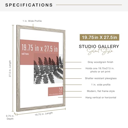 MCS Studio Gallery 19.75x27.5 Poster Frame Grey Woodgrain, Vertical & Horizontal Wall Hanging Large Picture Frame for Photos, Posters & Art Prints (1-Pack)