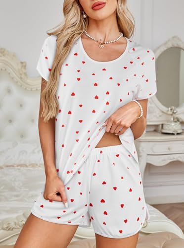 Image of Hilinker Women Striped Pajama Set Short Sleeve Top with Shorts Sleepwear Pjs 2 Piece Lounge Sets
