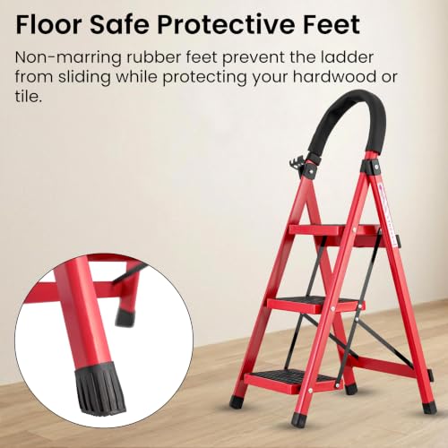 Image of Casa Copenhagen Red 3 Step Ladder for Home Use with Built-in Tool Tray | Heavy Duty D Shape Rods | Ultra Large Platform | Secure Lock and Stability | 150Kg Capacity Foldable Ladder - 7 Years Warranty